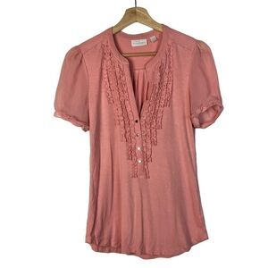 New York & Company Pink Y2K Ruffle Panel Short Sleeve Blouse S